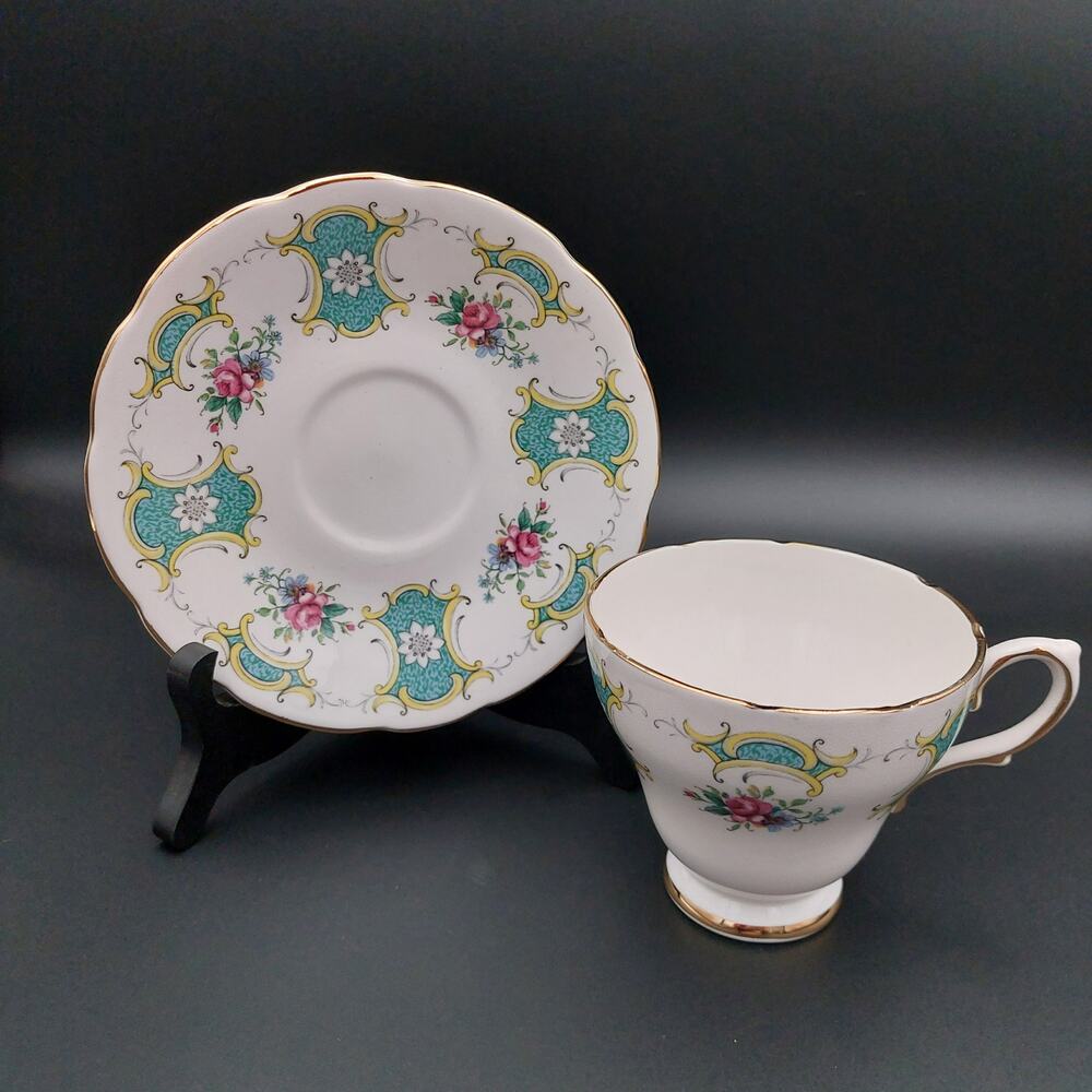Vintage Royal Stafford True Love Teacup Saucer Set Turquoise Pink Floral England
